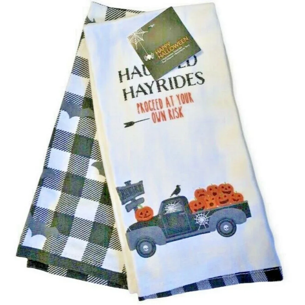 Halloween Kitchen Dish Towels Haunted Farm Truck Pumpkin Buffalo Check Set of 2
